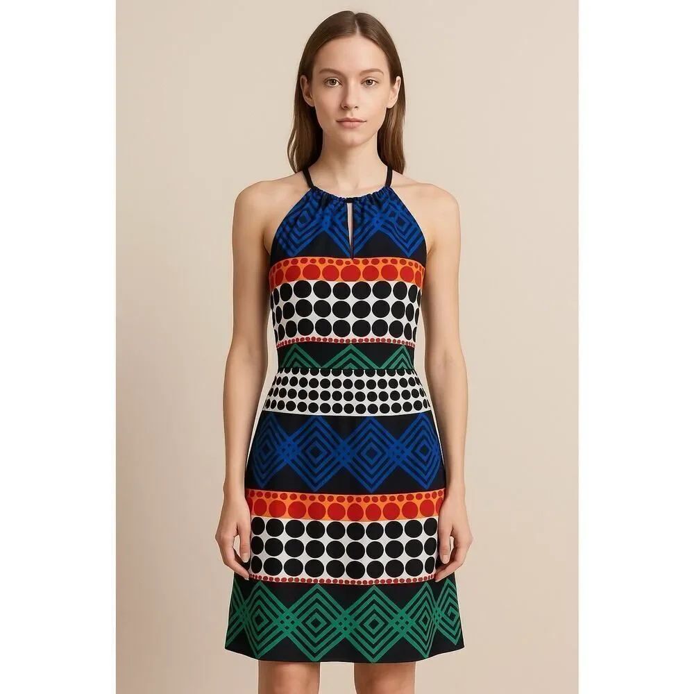 Trina Turk Silk Geometric Print Dress Multicolor Lined Sleeveless Size 2 XS/S